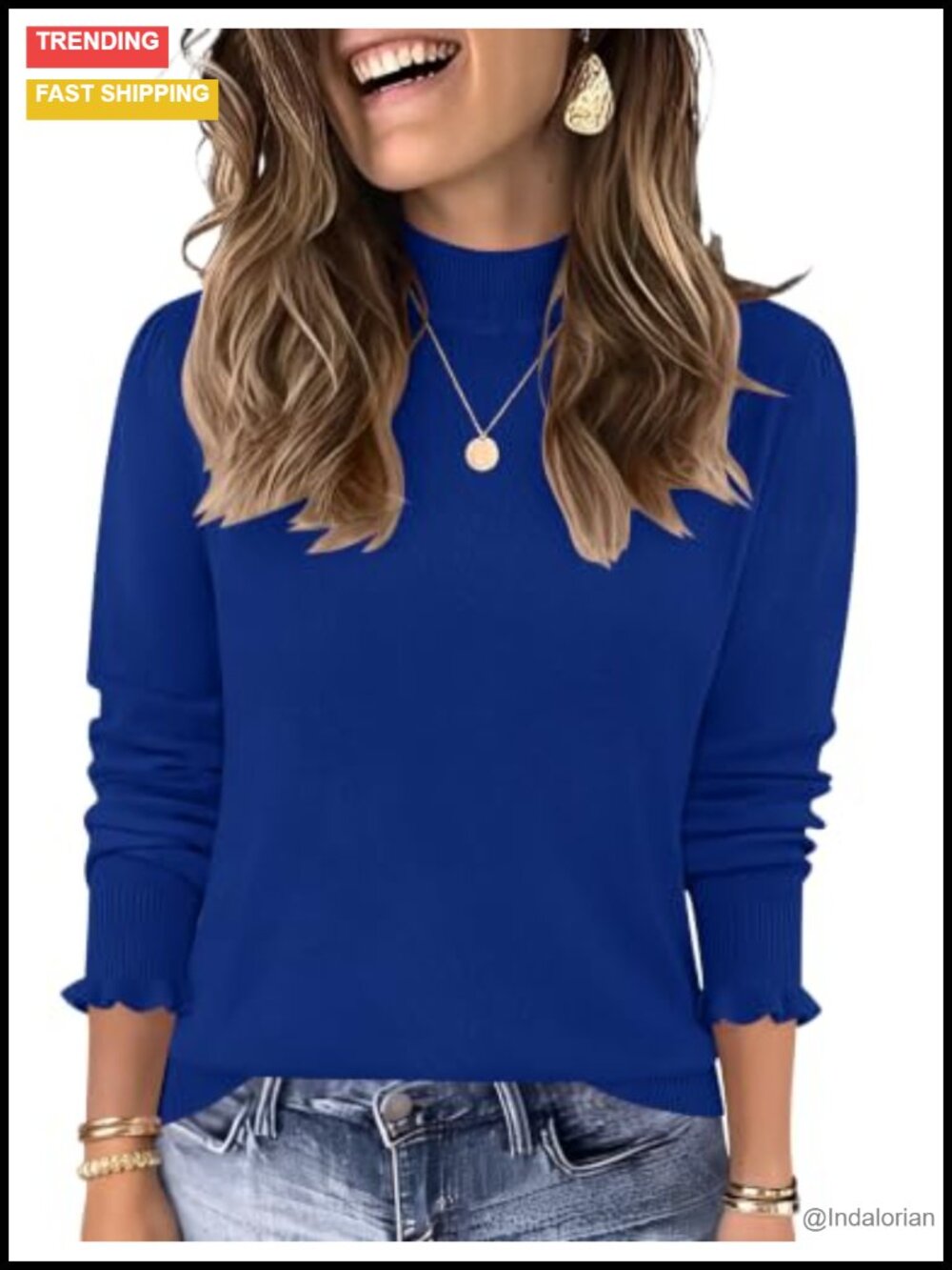 Wool Blend Knit Sweater Mock Neck Puff Sleeve Pullover
